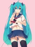  1girl aqua_hair baisi_shaonian black_legwear blue_eyes blush hatsune_miku highres long_hair looking_at_viewer microphone midriff nail_polish navel panties pink_background school_uniform serafuku simple_background smile solo thigh-highs twintails underwear v vocaloid white_panties zettai_ryouiki 