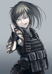  1girl ;p ammunition blue_eyes blurry brown_hair depth_of_field fingerless_gloves gloves hetza_(hellshock) load_bearing_vest looking_at_viewer original pointing pointing_at_viewer pouch shotgun_shells solo suzumi_(hetza) tattoo tongue wink 