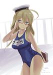  1girl adjusting_hair ahoge blonde_hair blue_eyes book glasses hat holding holding_book i-8_(kantai_collection) kantai_collection long_hair looking_at_viewer personification red-framed_glasses school_swimsuit smile solo swimsuit wa_(genryusui) 