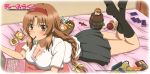  bed braid breasts brown_eyes brown_hair candy cleavage d-frag! hairband highres kazama_kenji long_hair official_art pocky skirt takao_(d-frag!) 