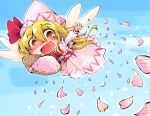  1girl blonde_hair blue_sky blush bow brown_eyes capelet commentary_request dress fairy_wings flying hat hat_bow lily_white long_hair long_sleeves open_mouth petals pink_dress shinapuu sky smile solo touhou wings 