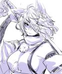  1girl animal_ears bakuya breasts cleavage detached_sleeves glaring hair_over_one_eye highres inubashiri_momiji large_breasts messy_hair monochrome no_hat over_shoulder sideboob simple_background sketch solo sword sword_over_shoulder touhou weapon weapon_over_shoulder wolf_ears 