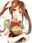 1girl :d brown_hair hair_ribbon kantai_collection long_hair looking_at_viewer open_mouth personification ribbon simple_background smile solo tone_(kantai_collection) toosaka_asagi translated twintails white_background 