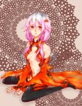  1girl bare_shoulders black_legwear breasts center_opening cleavage detached_sleeves fingerless_gloves gloves guilty_crown hair_ornament hairclip long_hair looking_at_viewer navel pink_hair red_eyes solo thighhighs twintails yuzuriha_inori 