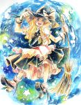  1girl blonde_hair bow braid broom hair_bow hat hawai-tari kirisame_marisa long_hair open_mouth ribbon solo touhou witch_hat yellow_eyes 