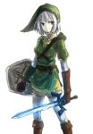  1girl blue_eyes boots cosplay cowboy_shot gloves hat highres konpaku_youmu link_(cosplay) lip-mil long_sleeves master_sword nintendo pointy_ears shield short_hair silver_hair simple_background solo standing sword the_legend_of_zelda touhou tunic weapon white_background 