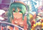  1girl absurdres bare_shoulders bed camisole eating flower green_eyes green_hair hatsune_miku headphones highres long_hair looking_at_viewer lying mouth_hold off_shoulder on_stomach panties pocky solo strap_slip striped striped_legwear striped_panties stuffed_toy takoluka thigh-highs touboku twintails underwear vocaloid 