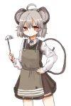  1girl ahoge animal_ears apron blush grey_hair hand_on_hip jewelry ladle mouse_ears mouse_tail nazrin red_eyes short_hair simple_background skirt solo tail touhou white_background yunuki_uta 