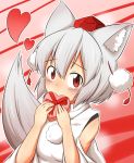  1girl animal_ears bare_shoulders blush breasts detached_sleeves hat heart highres inubashiri_momiji looking_at_viewer pom_pom_(clothes) red_eyes short_hair silver_hair solo tail tokin_hat touhou valentine wolf_ears wolf_tail 