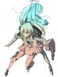  2girls aqua_eyes ataru_(cha2batake) cannon hair_ornament kantai_collection kumano_(kantai_collection) long_hair machinery monochrome multiple_girls ponytail skirt spot_color suzuya_(kantai_collection) torn_clothes yellow_eyes 