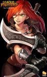  1girl 2gold belt black_background black_gloves dagger dual_wielding gloves green_eyes holding_weapon jewelry katarina_du_couteau league_of_legends long_hair long_sleeves looking_to_the_side necklace open_mouth pants redhead scar smirk solo weapon 