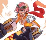  1girl 2gold alternate_costume alternate_hairstyle blue_eyes bodysuit earrings grin jewelry league_of_legends long_sleeves mechanical_arm mechanical_arms pink_hair short_hair smile solo sunglasses sunglasses_on_head vi_(league_of_legends) 