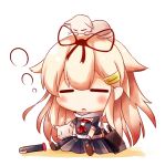  1girl blush cat chibi closed_eyes gasuto_(kamikami) gloves hair_ornament hair_ribbon hairclip kantai_collection long_hair open_mouth personification ribbon school_uniform serafuku sitting skirt solo yuudachi_(kantai_collection) 