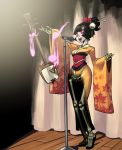  1girl alex_ahad black_hair bone ghost hair_comb hair_ornament hair_stick instrument japanese_clothes kimono leaf_print microphone_stand pale_skin pink_eyes sash shamisen singing skeleton solo updo wide_sleeves 