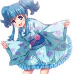  1girl alternate_costume blue_eyes blue_hair blush happinesscharge_precure! highres japanese_clothes kimono open_mouth precure sayousuke shirayuki_hime short_hair solo twintails white_background wide_sleeves 