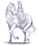  1girl bakuya breasts collarbone dress hat highres horse horseback_riding kamishirasawa_keine large_breasts monochrome riding sketch smile solo touhou 
