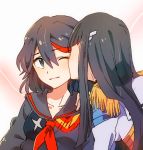  black_hair blue_eyes junketsu kill_la_kill kiryuuin_satsuki kiss kohane_(633975) long_hair matoi_ryuuko senketsu siblings smile wince 