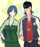  1boy 1girl aqusesu black_hair blue_hair crossover dandy_(space_dandy) hands_in_pockets highres letterman_jacket long_hair smile space_dandy star thumbs_up to_aru_majutsu_no_index track_jacket track_suit yomikawa_aiho 