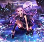  1girl a-line boots full_moon gloves long_hair moon original purple_hair skirt solo sword violet_eyes weapon 
