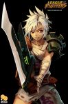  1girl 2gold bandages belt black_background brown_eyes fighting_stance holding_weapon league_of_legends riven_(league_of_legends) sword weapon white_hair 