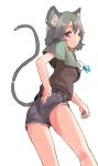  1girl alternate_costume animal_ears ass blush grey_hair jewelry looking_at_viewer mouse_ears mouse_tail nazrin pendant red_eyes short_hair shorts simple_background solo tail touhou white_background yunuki_uta 
