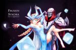  1boy 1girl alternate_costume alternate_hair_color armor barefoot beancurd blonde_hair blue_dress blue_eyes braid carrying character_name cosplay dress elsa_(frozen) elsa_(frozen)_(cosplay) frozen_(disney) highres league_of_legends long_hair long_sleeves parody princess_carry single_braid smile syndra zed_(league_of_legends) 