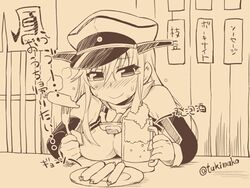  1girl alcohol beer bismarck_(kantai_collection) blush bust cup fork hat kantai_collection long_hair lowres monochrome mug sausage solo translation_request tsukishima_makoto 