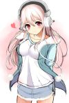  1girl blush breasts headphones heart large_breasts long_hair looking_at_viewer nitroplus pink_hair pom_pom_(clothes) razuchi red_eyes solo super_sonico 