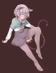  1girl adapted_costume akagashi_hagane alternate_costume animal_ears barefoot black_legwear blush bow brown_background capelet embarrassed grey_hair long_sleeves mouse_ears mouse_tail nazrin pantyhose red_eyes shirt short_hair simple_background skirt solo tail touhou white_shirt 