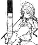  1girl archery arrow bakuya black_eyes bow evil_grin evil_smile foreshortening grin hat highres long_hair monochrome nurse_cap ponytail simple_background sketch smile solo touhou very_long_hair white_background yagokoro_eirin 