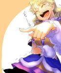  1girl bakuya blonde_hair breast_hold breasts closed_eyes foreshortening highres laughing mizuhashi_parsee open_mouth pointing pointing_at_viewer pointy_ears shirt short_hair simple_background solo tears text touhou translation_request 