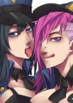  2girls :q alternate_costume blue_eyes breasts caitlyn_(league_of_legends) cleavage close-up face hat highres kuma_x large_breasts league_of_legends multiple_girls pink_hair police police_hat police_uniform policewoman tonfa tongue uniform vi_(league_of_legends) violet_eyes weapon 