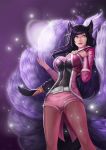  1girl ahri alternate_costume animal_ears belt black_hair braid breasts cleavage facial_mark fox_ears fox_tail goomrrat highres jacket large_breasts league_of_legends long_hair long_sleeves multiple_tails pantyhose shorts smile solo tail yellow_eyes 