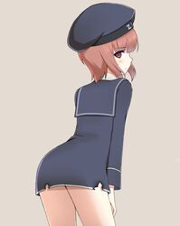  1girl blush brown_background from_behind hat kantai_collection looking_at_viewer looking_back momiji7728 personification red_eyes redhead sailor_collar sailor_hat short_hair simple_background solo z3_max_schultz_(kantai_collection) 