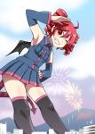  1girl ahoge black_legwear caffein detached_sleeves drill_hair fireworks grin hand_on_hip kasane_teto looking_at_viewer pleated_skirt red_eyes redhead skirt smile solo tail thighhighs twin_drills twintails utau wings wink 