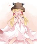  1girl :d blanket blush closed_eyes clutching_blanket commentary_request fang hair_ribbon hammer_(sunset_beach) hat heart long_hair moriya_suwako open_mouth ribbon sitting smile solo strap_slip touhou 