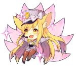  1girl ahri alternate_costume alternate_hair_color animal_ears blonde_hair breasts chibi cleavage fangs fox_ears fox_tail jacket jewelry league_of_legends long_hair multiple_tails necklace open_mouth pantyhose shorts smile solo tail white_background whitehee93 yellow_eyes 