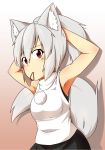 1girl animal_ears bare_shoulders blush bra breasts highres inubashiri_momiji long_hair looking_at_viewer mouth_hold no_hat pom_pom_(clothes) ponytail red_eyes silver_hair skirt solo tail touhou underwear wolf_ears wolf_tail 