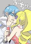  absurdres blonde_hair blue_hair couple eyepatch hands_on_another&#039;s_cheeks hands_on_another&#039;s_face harime_nui hetero highres inumuta_houka ishihara_saika kill_la_kill kiss tagme translation_request 