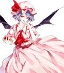  1girl apple ascot bat_wings food fruit hat hat_ribbon kozou_(soumuden) looking_at_viewer mob_cap open_mouth puffy_sleeves purple_hair red_eyes remilia_scarlet ribbon sash shirt short_hair short_sleeves simple_background skirt skirt_set smile solo touhou vest white_background wings 