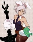  1boy 1girl 2gold alternate_costume animal_ears belt black_eyes breasts bunny_girl bunny_tail bunnysuit cleavage detached_collar frown gloves grey_hair holding_weapon league_of_legends leotard pantyhose rabbit_ears riven_(league_of_legends) short_hair sword tail weapon zac 