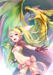  1girl ahoge belt bow cape circlet dragon fang fire_emblem flat_chest gloves glowing glowing_eyes green_hair highres kerasu leaning_forward long_hair navel nowi_(fire_emblem) open_mouth outstretched_arms pointy_ears ponytail solo thighhighs violet_eyes 