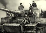  2boys 3girls braid caterpillar_tracks garrison_cap glasses hat headset hino_katsuhiko long_hair looking_at_viewer military military_uniform military_vehicle monochrome multiple_boys multiple_girls original short_hair smile smoke soldier tank tiger_(tank) tree twin_braids twintails uniform vehicle war world_war_ii 