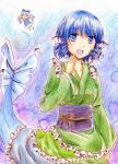  &gt;:) 2girls :d blue_eyes blue_hair cirno colored_pencil_(medium) dress drill_hair frilled_kimono frills head_fins japanese_clothes kimono mermaid monster_girl multiple_girls obi open_mouth sash short_hair smile touhou traditional_media wakasagihime wings wkyw9647_(artist) 