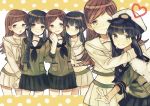  2girls bangs black_hair blunt_bangs braid brown_eyes brown_hair cosplay costume_switch heart kantai_collection kitakami_(kantai_collection) kurodeko long_hair multiple_girls multiple_persona naval_uniform ooi_(kantai_collection) open_mouth personification school_uniform serafuku skirt smile 