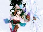  1girl alternate_costume black_hair blue_eyes brown_gloves dress gloves goto-ri league_of_legends long_hair open_mouth sivir smile snowflakes solo thighhighs winter_clothes 