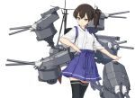  1girl black_legwear brown_hair cannon japanese_clothes kaga_(kantai_collection) kantai_collection personification rokuwata_tomoe short_hair side_ponytail simple_background skirt solo thigh-highs white_background zettai_ryouiki 