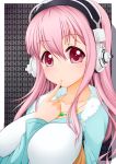  1girl :3 between_breasts blush breasts finger_to_mouth headphones large_breasts long_hair looking_at_viewer nitroplus pink_eyes pink_hair sei_(6862879) solo super_sonico 