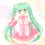  1girl blush detached_sleeves green_eyes green_hair hatsune_miku highres long_hair looking_at_viewer necktie petals skirt smile solo thighhighs twintails very_long_hair vocaloid yunca 
