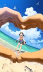  1girl barefoot beach bird blush brown_hair closed_eyes clouds dutch_angle footprints heart heart_hands highres holding jacket long_hair ocean open_mouth original pairan plaid sand seagull shoes_removed sky smile twintails 